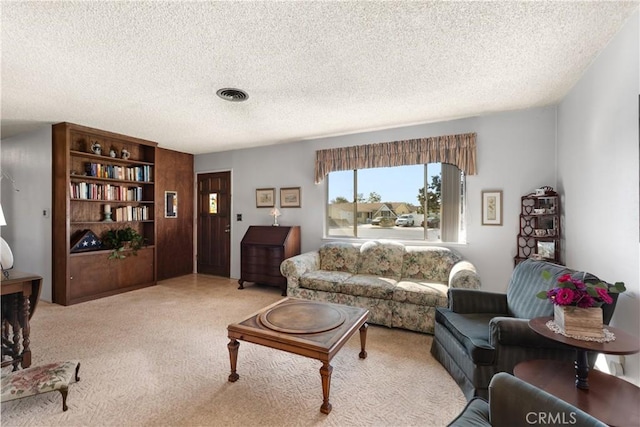 living room with a textured ceiling