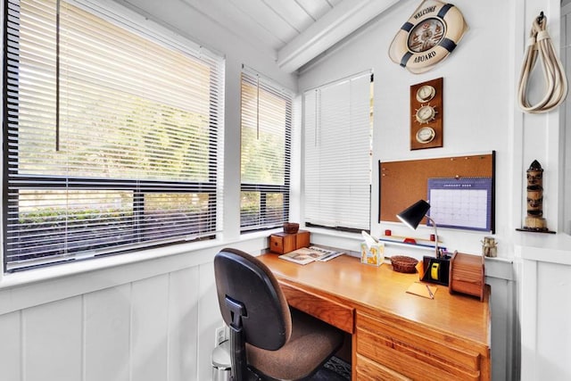 home office featuring built in desk and lofted ceiling with beams