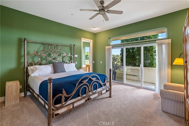 bedroom with access to exterior, ceiling fan, baseboards, and light colored carpet