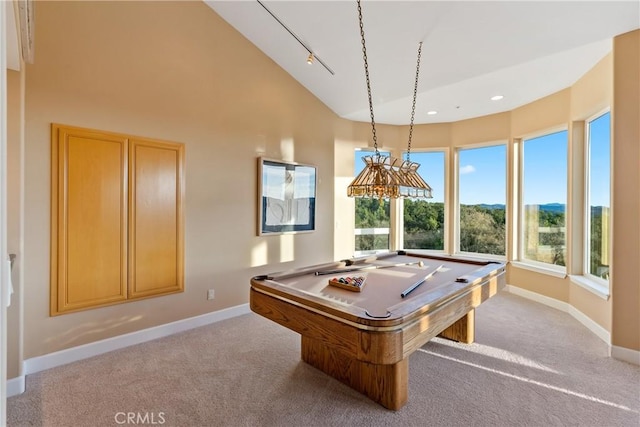 rec room with high vaulted ceiling, billiards, baseboards, and light colored carpet