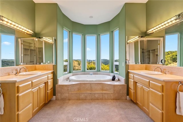 bathroom featuring a garden tub, a mountain view, two vanities, a sink, and a shower stall