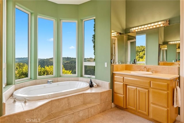 full bathroom with a garden tub and vanity