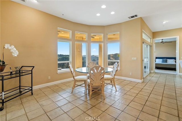 dining area featuring recessed lighting, baseboards, visible vents, and light tile patterned flooring