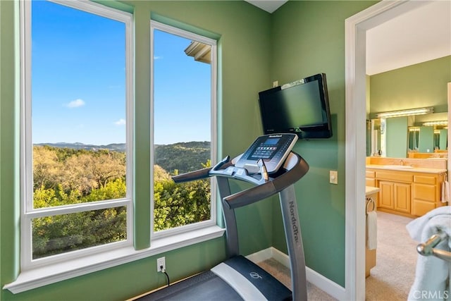 exercise area featuring carpet flooring, a sink, and baseboards