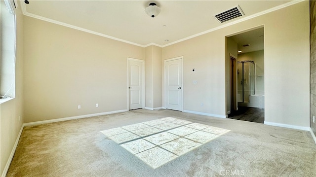 empty room with crown molding and carpet flooring