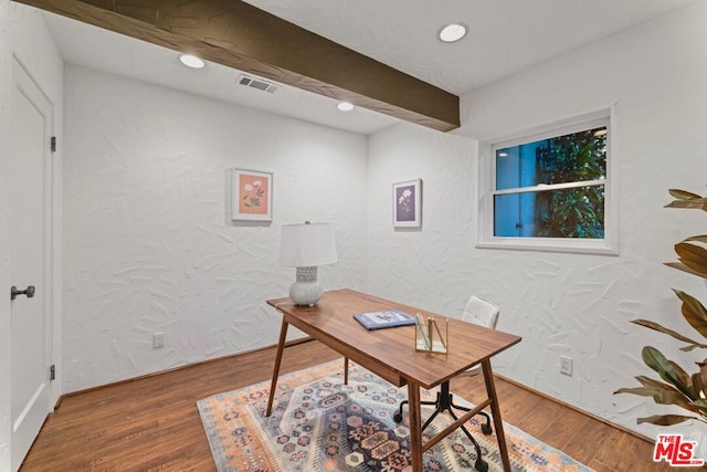 office area featuring beam ceiling and hardwood / wood-style flooring