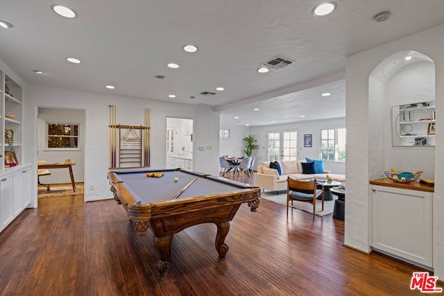 rec room featuring dark wood-type flooring, pool table, and built in features