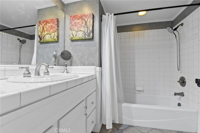 bathroom featuring tile patterned flooring, vanity, and shower / bath combination with curtain