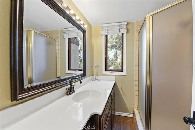 bathroom featuring a shower with shower door and vanity