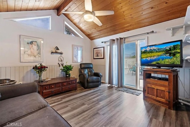 living room featuring wooden ceiling, hardwood / wood-style floors, lofted ceiling with beams, and ceiling fan