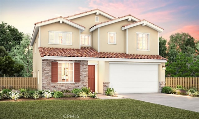 840 Jovan Ct, Merced, CA 95348 - view of front of property with driveway, a tile roof, a garage, fence, and stone siding