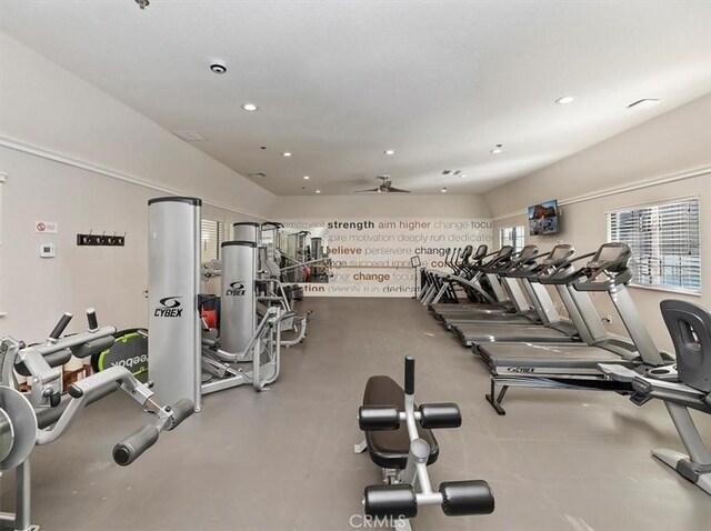 workout area with recessed lighting and ceiling fan