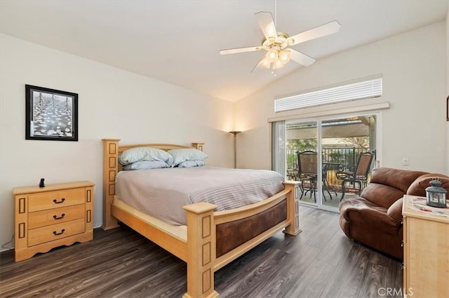 bedroom featuring dark wood-style floors, access to exterior, vaulted ceiling, and ceiling fan