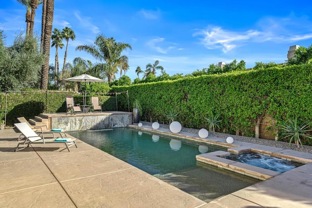 view of swimming pool featuring an in ground hot tub and a patio