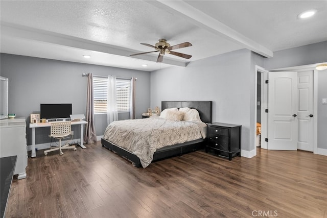 bedroom featuring dark hardwood / wood-style flooring, ceiling fan, beam ceiling, and a textured ceiling