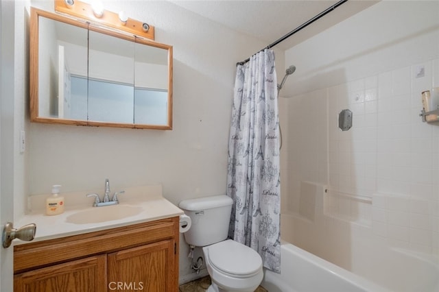 full bathroom with toilet, vanity, and shower / bath combination with curtain