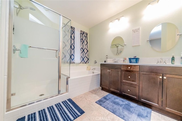 bathroom featuring separate shower and tub, vanity, and tile patterned floors