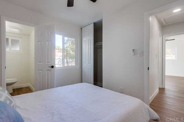 bedroom featuring ceiling fan, a closet, connected bathroom, and hardwood / wood-style floors