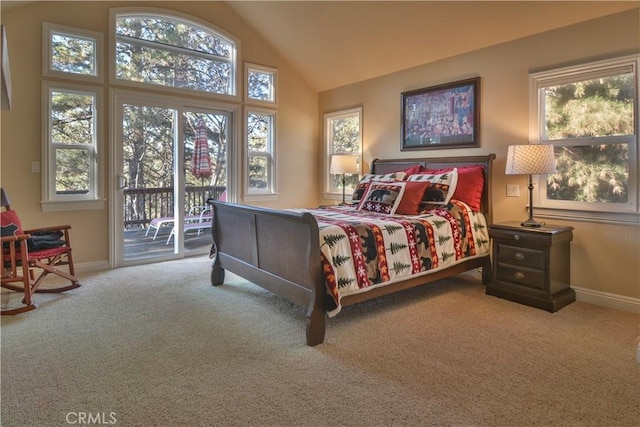 173 Grizzly Rd, Lake Arrowhead, CA 92352 - bedroom featuring access to exterior, carpet, vaulted ceiling, and multiple windows