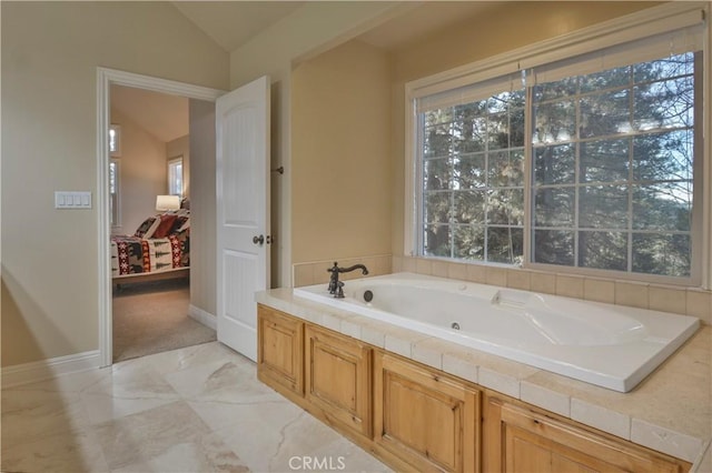 173 Grizzly Rd, Lake Arrowhead, CA 92352 - full bath with a tub with jets, marble finish floors, and vaulted ceiling