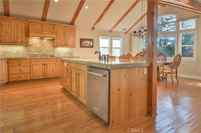 173 Grizzly Rd, Lake Arrowhead, CA 92352 - kitchen with dishwasher, light wood-style floors, beamed ceiling, a chandelier, and decorative backsplash