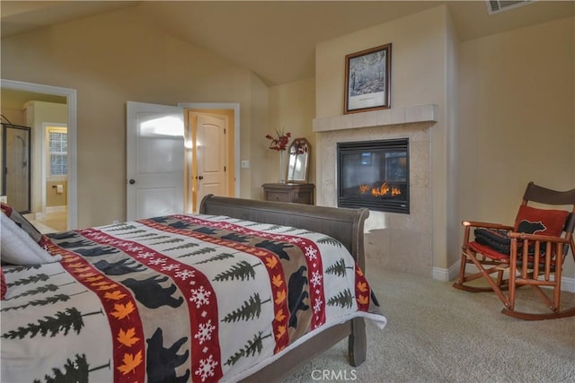 173 Grizzly Rd, Lake Arrowhead, CA 92352 - bedroom with carpet flooring, vaulted ceiling, and a fireplace