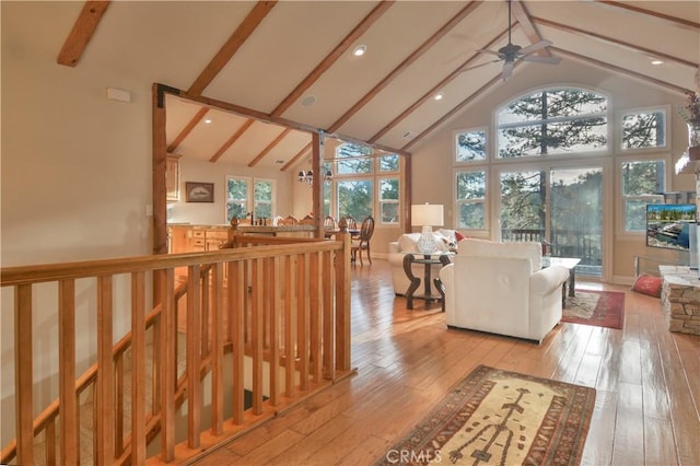 173 Grizzly Rd, Lake Arrowhead, CA 92352 - living room with ceiling fan, beamed ceiling, high vaulted ceiling, hardwood / wood-style flooring, and recessed lighting
