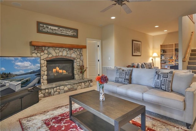 173 Grizzly Rd, Lake Arrowhead, CA 92352 - carpeted living room featuring ceiling fan, stairs, a stone fireplace, and recessed lighting