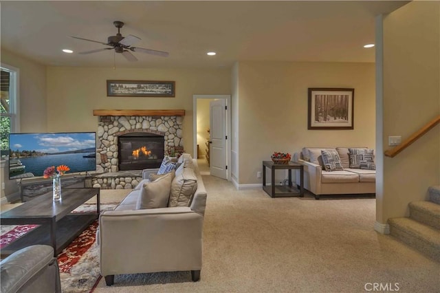 173 Grizzly Rd, Lake Arrowhead, CA 92352 - living area with a ceiling fan, recessed lighting, stairway, a fireplace, and carpet flooring