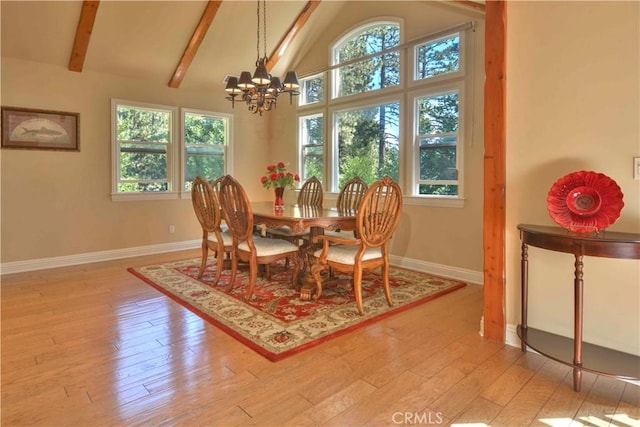 173 Grizzly Rd, Lake Arrowhead, CA 92352 - dining room with a chandelier, plenty of natural light, light wood-style flooring, beam ceiling, and high vaulted ceiling