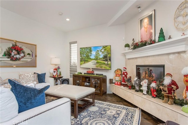 living room with a fireplace