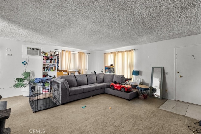 living room featuring carpet and a wall mounted air conditioner