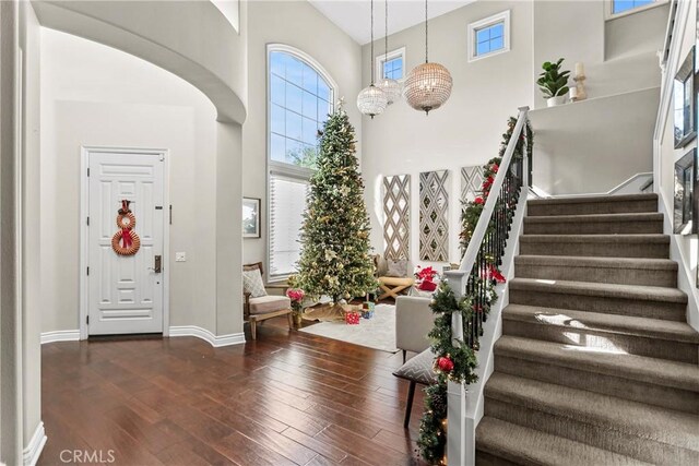 entrance foyer featuring dark wood-type flooring and a high ceiling