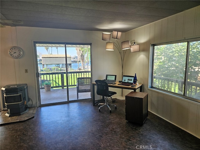 office with a wood stove