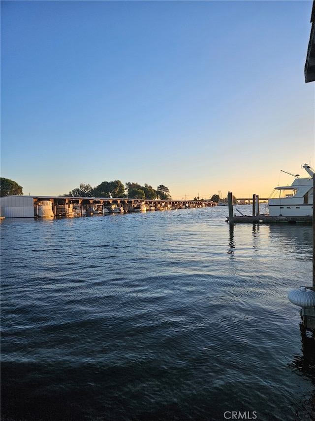 view of water feature with a boat dock