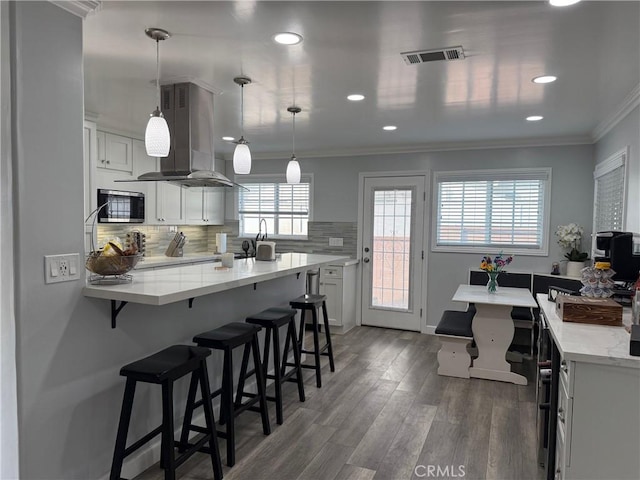 kitchen with white cabinetry, hanging light fixtures, decorative backsplash, and island exhaust hood