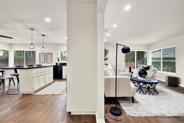 living room with ceiling fan and light hardwood / wood-style floors