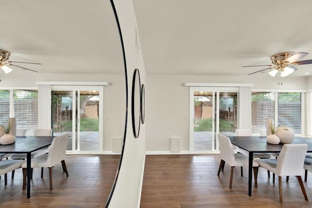 dining space with a wealth of natural light and ceiling fan