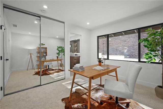 home office with light colored carpet