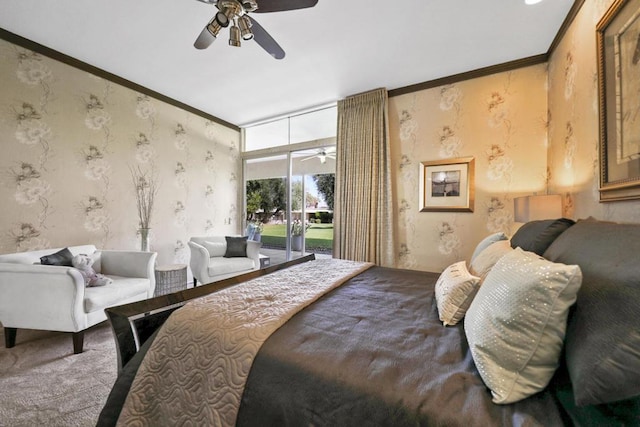 carpeted bedroom featuring ceiling fan, access to exterior, and ornamental molding