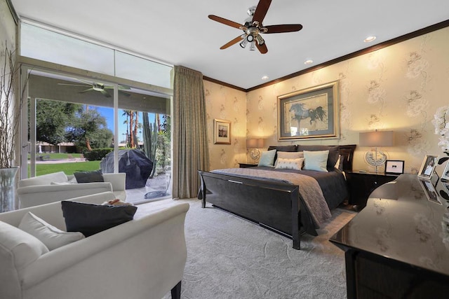 bedroom featuring light carpet, ceiling fan, crown molding, and access to outside