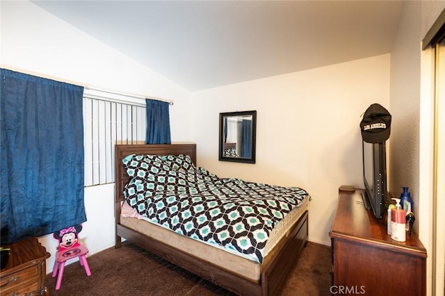 bedroom featuring vaulted ceiling and dark colored carpet