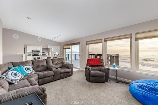 living room with vaulted ceiling and carpet floors