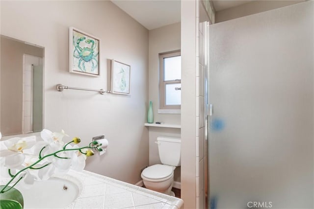 bathroom featuring toilet, a shower with door, and vanity