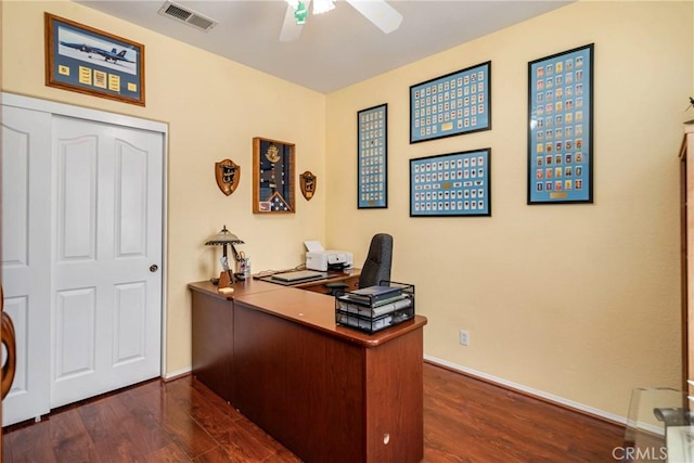 office space featuring ceiling fan and dark hardwood / wood-style flooring