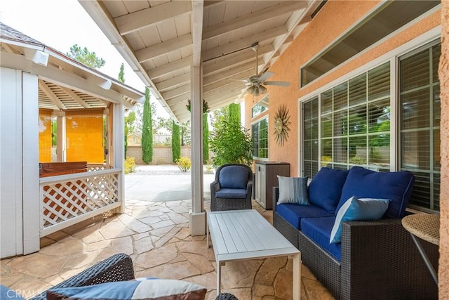 view of patio / terrace featuring ceiling fan and an outdoor hangout area