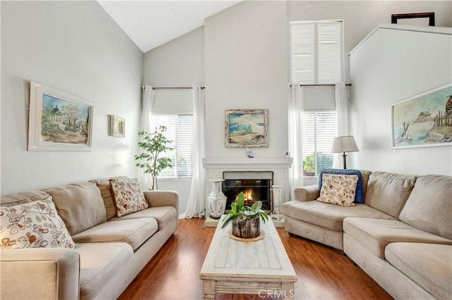 living room with high vaulted ceiling and dark wood-type flooring