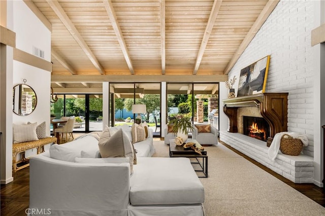 living room featuring vaulted ceiling with beams, wood ceiling, and a fireplace