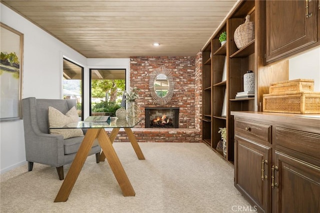 living area with a fireplace, light colored carpet, and wooden ceiling