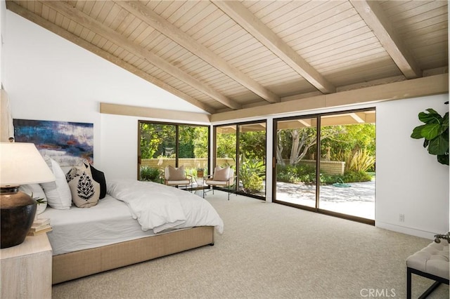 carpeted bedroom with beamed ceiling, wooden ceiling, high vaulted ceiling, and access to outside